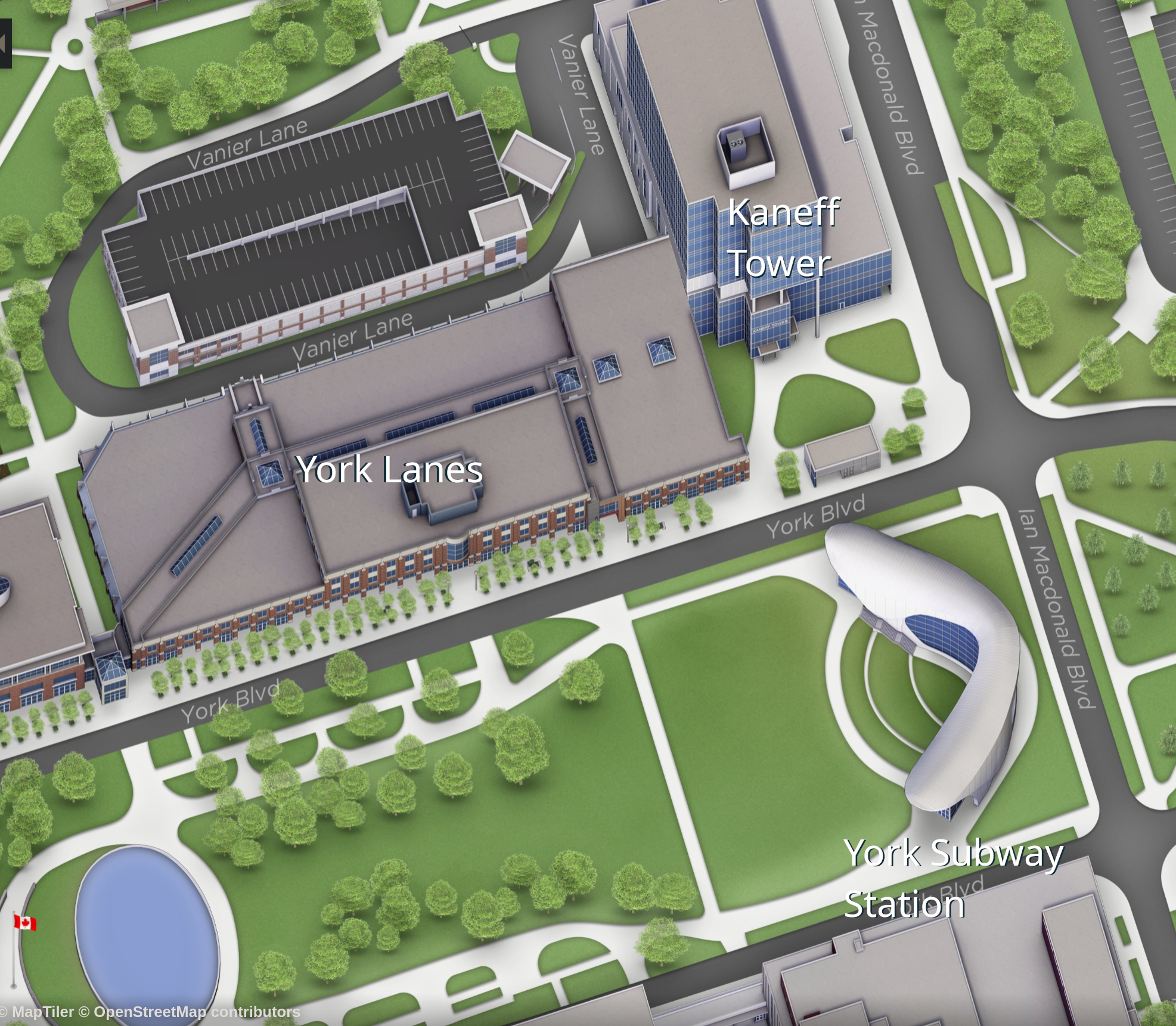 A map of the York subway station, Kaneff Tower, and York Lanes.